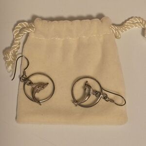 Vintage 925 Sterling Silver Dolphin Hoop‎ Dangle Earrings